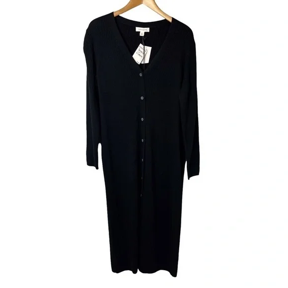 Treasure & Bond Dress V Neck Midi Sweater Ribbed Dress Black Size Large - Picture 2 of 9